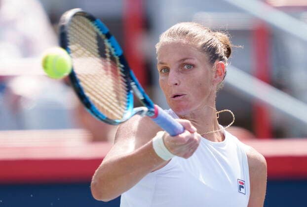August 13, 2021, Montreal, PQ, Canada: Karolina Pliskova, of the Czech Republic, returns to Sara Sorribes Tormo, of Spain, during quarter-final National Bank Open women s tennis tournament action, in Montreal, Friday, Aug. 13, 2021. Karolina Pliskova - ZUMAc35_ 20210813_zaf_c35_069 Copyright: xPaulxChiassonx