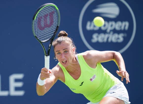 August 13, 2021, Montreal, PQ, Canada: Sara Sorribes Tormo, of Spain, returns to Karolina Pliskova, of the Czech Republic, during quarter-final National Bank Open women s tennis tournament action, in Montreal, Friday, Aug. 13, 2021. Sara Sorribes Tormo - ZUMAc35_ 20210813_zaf_c35_071 Copyright: xPaulxChiassonx