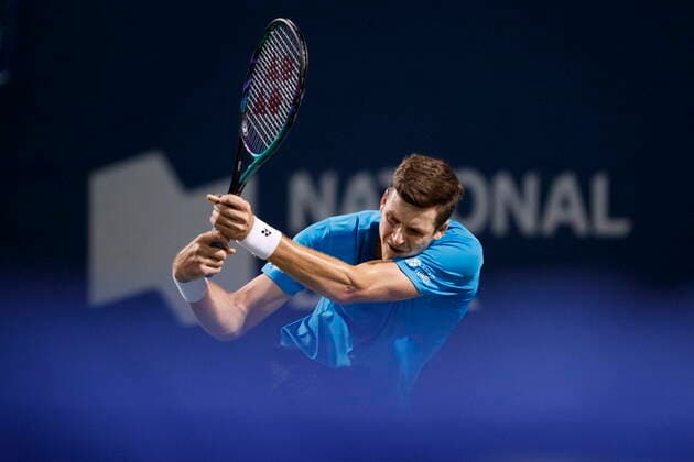 August 13, 2021, Toronto, on, Canada: Hubert Hurkacz, of Poland, returns a ball to Daniil Medvedev, of Russia, during their quarter final match on Day 5 of the National Bank Open men s tennis tournament in Toronto, Friday, Aug. 13, 2021. Canada News - August 13, 2021 - ZUMAc35_ 20210813_zaf_c35_182 Copyright: xColexBurstonx