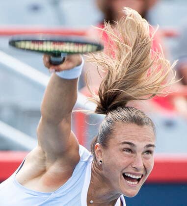 August 14, 2021, Montreal, PQ, Canada: Aryna Sabalenka, of Belarus, serves to Karolina Pliskova, of the Czech Republic, during semifinal National Bank Open women s tennis tournament action in Montreal, Saturday, Aug. 14, 2021. Aryna Sabalenka, Karolina Pliskova , - ZUMAc35_ 20210814_zaf_c35_017 Copyright: xGrahamxHughesx