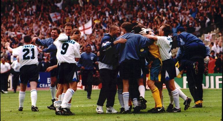 Mandatory Credit: Photo by Ted Blackbrow ANL Shutterstock (1338632a) Football Interntional European Championship, EM, Europameisterschaft 1996 Quarter Final Match England V Spain (england Win 4-2 On Penalties) England Celebrate Their Win Football Interntional European Championship 1996 Quarter Final Match England V Spain (england Win 4-2 On Penalties) England Celebrate Their Win EDITORIAL USE ONLY No use with unauthorised audio, video, data, fixture lists (outside the EU), club league logos or live services. Online in-match use limited to 45 images (+15 in extra time). No use to emulate moving images. No use in betting, games or single club league player publications services. Football Interntional European Championship 1996 Quarter Final Match England V Spain (england Win 4-2 On Penalties) England Celebrate Their Win EDITORIAL USE ONLY No use with unauthorised audio, video, data, fixture lists (outside the EU), club league logos or live services. Online in-match use limited to 45 images (+15 in extra time). No use to emulate moving images. No use in betting, games or Copyright: xTedxBlackbrow ANL Shutterstockx 1338632a
