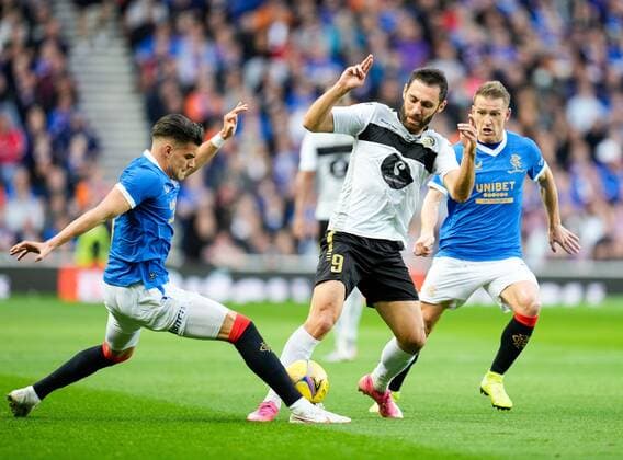 Mandatory Credit: Photo by Stuart Wallace Shutterstock (12337253ah) Ianis Hagi of Rangers & Rumyan Hovsepyan of Alashkert challenge for the ball. Rangers v Alashkert, UEFA Europa League Qualifying Play-off, Ibrox Staiudm, Glasgow, Scotland, UK - 19 Aug 2021 Editorial use only Rangers v Alashkert, UEFA Europa League Qualifying Play-off, Ibrox Staiudm, Glasgow, Scotland, UK - 19 Aug 2021 Editorial use only Copyright: xStuartxWallace Shutterstockx 12337253ah