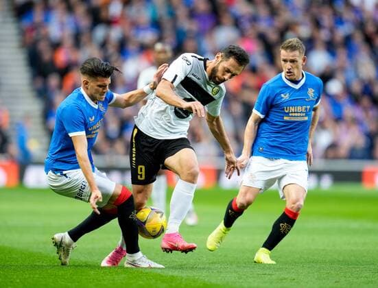 Mandatory Credit: Photo by Stuart Wallace Shutterstock (12337253ai) Ianis Hagi of Rangers & Rumyan Hovsepyan of Alashkert challenge for the ball, with Steven Davis of Rangers, right. Rangers v Alashkert, UEFA Europa League Qualifying Play-off, Ibrox Staiudm, Glasgow, Scotland, UK - 19 Aug 2021 Editorial use only Rangers v Alashkert, UEFA Europa League Qualifying Play-off, Ibrox Staiudm, Glasgow, Scotland, UK - 19 Aug 2021 Editorial use only Copyright: xStuartxWallace Shutterstockx 12337253ai