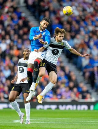 Mandatory Credit: Photo by Stuart Wallace Shutterstock (12337253am) Connor Goldson of Rangers beats David Khurtsidze of Alashkert in the air. Rangers v Alashkert, UEFA Europa League Qualifying Play-off, Ibrox Staiudm, Glasgow, Scotland, UK - 19 Aug 2021 Editorial use only Rangers v Alashkert, UEFA Europa League Qualifying Play-off, Ibrox Staiudm, Glasgow, Scotland, UK - 19 Aug 2021 Editorial use only Copyright: xStuartxWallace Shutterstockx 12337253am