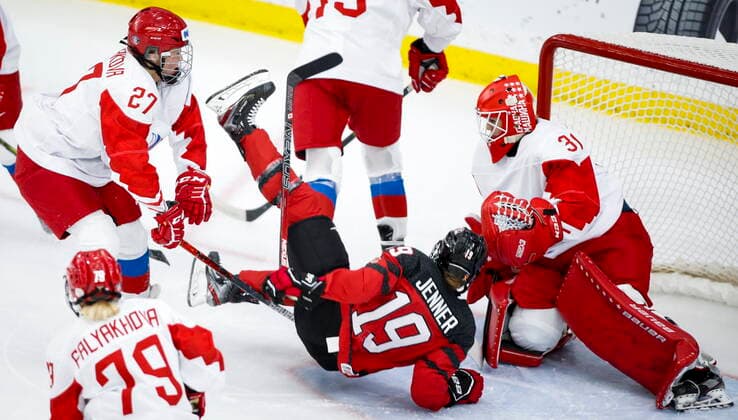 August 22, 2021, Calgary, ab, Canada: Russia s Veronika Korzhakova, left, checks Canada s Brianne Jenner, centre, as Russia s goalie Anna Prugova looks on during third period IIHF Women s World Championship, WM, Weltmeisterschaft hockey action in Calgary, Alta., Sunday, Aug. 22, 2021. Anna Prugova, Brianne Jenner, Veronika Korzhakova - ZUMAc35_ 20210822_zaf_c35_051 Copyright: xJeffxMcintoshx