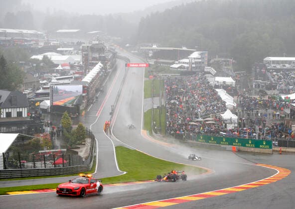 F1 Safety Car, Mercedes-AMG GT R, 33 Max Verstappen (NED, Red Bull Racing), 63 George Russell (GBR, Williams Racing), 44 Lewis Hamilton (GBR, Mercedes-AMG Petronas F1 Team), F1 Grand Prix of Belgium at Circuit de Spa-Francorchamps on August 29, 2021 in Spa-Francorchamps, Belgium. (Photo by HOCH ZWEI) Spa-Francorchamps Belgium