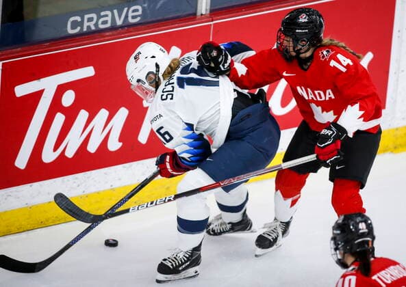 August 31, 2021, Calgary, ab, Canada: Canada s Renata Fast, right, checks Hayley Scamurra, of the United States, during first period gold medal final IIHF Women s World Championship, WM, Weltmeisterschaft hockey action in Calgary, Tuesday, Aug. 31, 2021. Renata Fast, Hayley Scamurra, - ZUMAc35_ 20210831_zaf_c35_074 Copyright: xJeffxMcintoshx