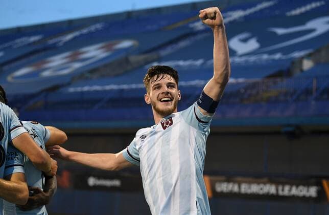Mandatory Credit: Photo by Simon Dael Shutterstock (12446971ca) Declan Rice of West Ham United celebrates following a goal from Michail Antonio of West Ham United 0-1 Dinamo Zagreb v West Ham United, UEFA Europa League, Group H, Football, Stadion Maksimir, Zagreb, Croatia - 16 Sep 2021 EDITORIAL USE ONLY No use with unauthorised audio, video, data, fixture lists, club league logos or live services. Online in-match use limited to 120 images, no video emulation. No use in betting, games or single club league player publications. Dinamo Zagreb v West Ham United, UEFA Europa League, Group H, Football, Stadion Maksimir, Zagreb, Croatia - 16 Sep 2021 EDITORIAL USE ONLY No use with unauthorised audio, video, data, fixture lists, club league logos or live services. Online in-match use limited to 120 images, no video emulation. No use in betting, games or single club league player publications. Copyright: xSimonxDael Shutterstockx 12446971ca