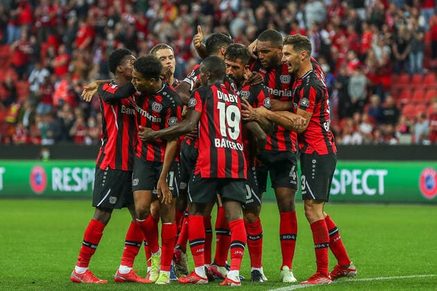 Tor, Torjubel zum 1:1 durch Exequiel Palacios (Bayer 04 Leverkusen, 25), GER, Bayer 04 Leverkusen vs. Ferencvaros Budapest Ferencvarosi Torna Club, UEFA Europa League Gruppe G, Gruppenphase, Spielzeit 2021 2022, 16.09.2021, , DFB DFL regulations prohibit any use of photographs as image sequences and or quasi-video., GER, Bayer 04 Leverkusen vs. Ferencvaros Budapest Ferencvarosi Torna Club, UEFA Europa League Gruppe G, Gruppenphase, Spielzeit 2021 2022, 16.09.2021 Leverkusen Copyright: xEibner-Pressefoto GabrielxBoiax EP_GBA