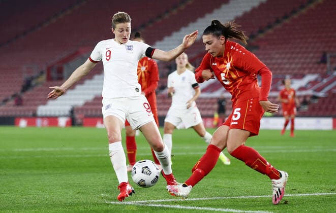 Mandatory Credit: Photo by James Marsh Shutterstock (12448509ae) Ellen White of England and Pavlinka Nikolovska of North Macedonia. England Women v North Macedonia Women, FIFA Women s World Cup 2023 Qualifying, Group D, Football, St Mary s Stadium, Southampton, UK - 17 Sep 2021 EDITORIAL USE ONLY No use with unauthorised audio, video, data, fixture lists, club league logos or live services. Online in-match use limited to 120 images, no video emulation. No use in betting, games or single club league player publications. England Women v North Macedonia Women, FIFA Women s World Cup 2023 Qualifying, Group D, Football, St Mary s Stadium, Southampton, UK - 17 Sep 2021 EDITORIAL USE ONLY No use with unauthorised audio, video, data, fixture lists, club league logos or live services. Online in-match use limited to 120 images, no video emulation. No use in betting, games or single club league player publications. Copyright: xJamesxMarsh Shutterstockx 12448509ae