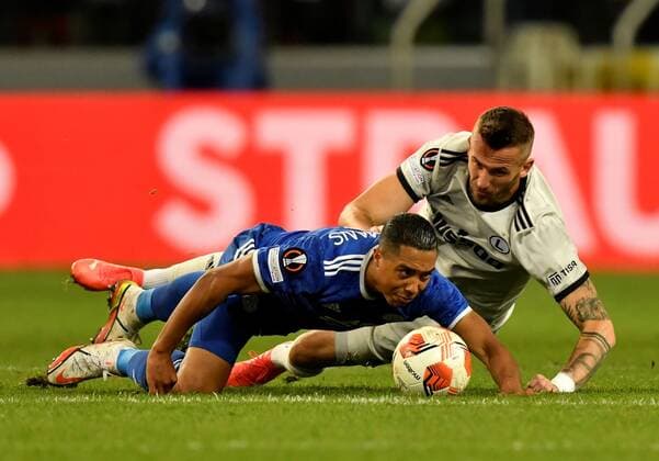 Mandatory Credit: Photo by Maciej Gillert Shutterstock (12516542ba) Tomas Pekhart of Legia Warsaw and Youri Tielemans of Leicester City in action Legia Warsaw v Leicester City, UEFA Europa League, Group C, Football, Marshall Jozef Pilsudski Municipal Stadium, Warsaw, Poland - 30 Sep 2021 EDITORIAL USE ONLY No use with unauthorised audio, video, data, fixture lists, club league logos or live services. Online in-match use limited to 120 images, no video emulation. No use in betting, games or single club league player publications. Legia Warsaw v Leicester City, UEFA Europa League, Group C, Football, Marshall Jozef Pilsudski Municipal Stadium, Warsaw, Poland - 30 Sep 2021 EDITORIAL USE ONLY No use with unauthorised audio, video, data, fixture lists, club league logos or live services. Online in-match use limited to 120 images, no video emulation. No use in betting, games or single club league player publications. Copyright: xMaciejxGillert Shutterstockx 12516542ba