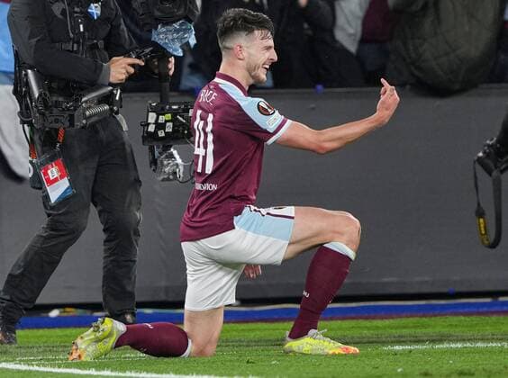 Mandatory Credit: Photo by Jed Leicester Shutterstock (12516241n) Declan Rice of West Ham celebrates scoring the 1st goal West Ham United v Rapid Vienna, UEFA Europa League, Group H, Football, The London Stadium, London, UK - 30 Sep 2021 EDITORIAL USE ONLY No use with unauthorised audio, video, data, fixture lists, club league logos or live services. Online in-match use limited to 120 images, no video emulation. No use in betting, games or single club league player publications. West Ham United v Rapid Vienna, UEFA Europa League, Group H, Football, The London Stadium, London, UK - 30 Sep 2021 EDITORIAL USE ONLY No use with unauthorised audio, video, data, fixture lists, club league logos or live services. Online in-match use limited to 120 images, no video emulation. No use in betting, games or single club league player publications. Copyright: xJedxLeicester Shutterstockx 12516241n