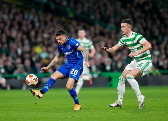 Mandatory Credit: Photo by Stuart Wallace Shutterstock (12516265t) Charles Aranguiz of Bayer 04 Leverkusen & David Turnbull of Celtic Celtic v Bayer Leverkusen, UEFA Europa League, Group G, Football, Celtic Park, Glasgow, UK - 30 Sep 2021 EDITORIAL USE ONLY No use with unauthorised audio, video, data, fixture lists, club league logos or live services. Online in-match use limited to 120 images, no video emulation. No use in betting, games or single club league player publications. Celtic v Bayer Leverkusen, UEFA Europa League, Group G, Football, Celtic Park, Glasgow, UK - 30 Sep 2021 EDITORIAL USE ONLY No use with unauthorised audio, video, data, fixture lists, club league logos or live services. Online in-match use limited to 120 images, no video emulation. No use in betting, games or single club league player publications. Copyright: xStuartxWallace Shutterstockx 12516265t