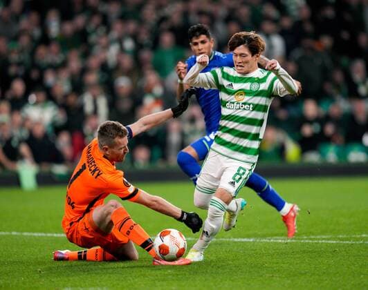Mandatory Credit: Photo by Stuart Wallace Shutterstock (12516265z) Kyogo Furuhashi of Celtic runs through on goal past Bayer 04 Leverkusen goalkeeper Lukas Hradecky Celtic v Bayer Leverkusen, UEFA Europa League, Group G, Football, Celtic Park, Glasgow, UK - 30 Sep 2021 EDITORIAL USE ONLY No use with unauthorised audio, video, data, fixture lists, club league logos or live services. Online in-match use limited to 120 images, no video emulation. No use in betting, games or single club league player publications. Celtic v Bayer Leverkusen, UEFA Europa League, Group G, Football, Celtic Park, Glasgow, UK - 30 Sep 2021 EDITORIAL USE ONLY No use with unauthorised audio, video, data, fixture lists, club league logos or live services. Online in-match use limited to 120 images, no video emulation. No use in betting, games or single club league player publications. Copyright: xStuartxWallace Shutterstockx 12516265z