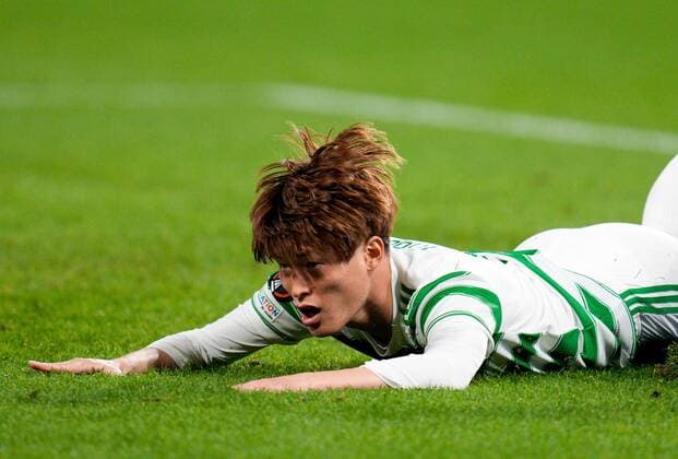 Mandatory Credit: Photo by Stuart Wallace Shutterstock (12516265au) Kyogo Furuhashi of Celtic lays on the pitch after he was dispossessed as he tried to shoot into an empty goal after he beat Bayer 04 Leverkusen goalkeeper Lukas Hradecky Celtic v Bayer Leverkusen, UEFA Europa League, Group G, Football, Celtic Park, Glasgow, UK - 30 Sep 2021 EDITORIAL USE ONLY No use with unauthorised audio, video, data, fixture lists, club league logos or live services. Online in-match use limited to 120 images, no video emulation. No use in betting, games or single club league player publications. Celtic v Bayer Leverkusen, UEFA Europa League, Group G, Football, Celtic Park, Glasgow, UK - 30 Sep 2021 EDITORIAL USE ONLY No use with unauthorised audio, video, data, fixture lists, club league logos or live services. Online in-match use limited to 120 images, no video emulation. No use in betting, games or single club league player publications. Copyright: xStuartxWallace Shutterstockx 12516265au