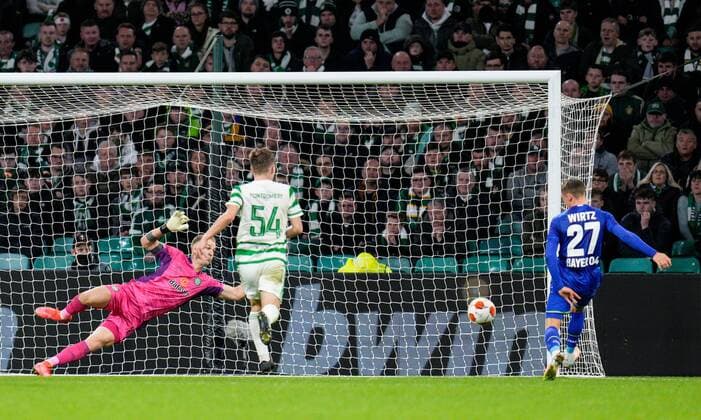 Mandatory Credit: Photo by Stuart Wallace Shutterstock (12516265bf) Florian Wirtz of Bayer 04 Leverkusen scores to give Leverkusen a 0-2 lead. Celtic v Bayer Leverkusen, UEFA Europa League, Group G, Football, Celtic Park, Glasgow, UK - 30 Sep 2021 EDITORIAL USE ONLY No use with unauthorised audio, video, data, fixture lists, club league logos or live services. Online in-match use limited to 120 images, no video emulation. No use in betting, games or single club league player publications. Celtic v Bayer Leverkusen, UEFA Europa League, Group G, Football, Celtic Park, Glasgow, UK - 30 Sep 2021 EDITORIAL USE ONLY No use with unauthorised audio, video, data, fixture lists, club league logos or live services. Online in-match use limited to 120 images, no video emulation. No use in betting, games or single club league player publications. Copyright: xStuartxWallace Shutterstockx 12516265bf