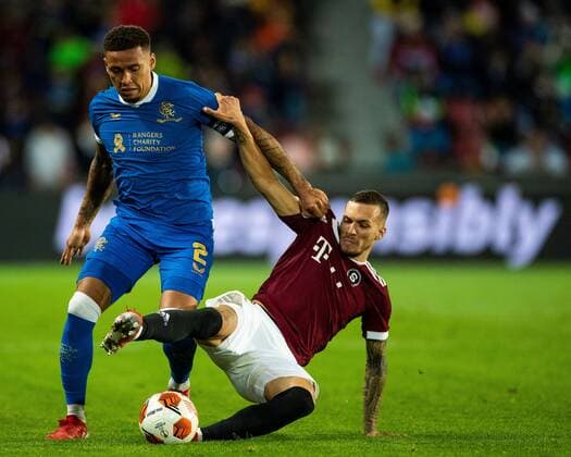 Mandatory Credit: Photo by Kirk O Rourke Rangers FC Shutterstock (12516385gp) Rangers captain James Tavernier and Lukas Haraslin of Sparta Prague during the Europa League match at the Generali Ceská Pojistovna Arena, Prague. Sparta Prague v Rangers, UEFA Europa League Group A, Football, Generali Arena, Prague, Czech Republic - 30 Sep 2021 Sparta Prague v Rangers, UEFA Europa League Group A, Football, Generali Arena, Prague, Czech Republic - 30 Sep 2021 Copyright: xKirkxO Rourke RangersxFC Shutterstockx 12516385gp