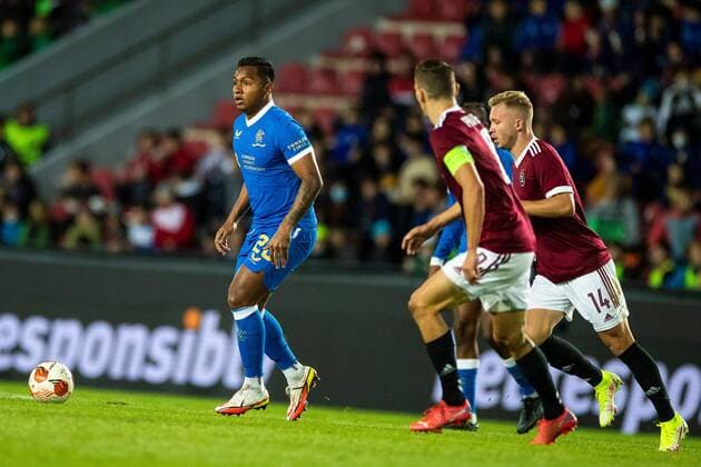 Mandatory Credit: Photo by Kirk O Rourke Rangers FC Shutterstock (12516385il) Alfredo Morelos of Rangers on the ball during the Europa League match at the Generali Ceská Pojistovna Arena, Prague. Sparta Prague v Rangers, UEFA Europa League Group A, Football, Generali Arena, Prague, Czech Republic - 30 Sep 2021 Sparta Prague v Rangers, UEFA Europa League Group A, Football, Generali Arena, Prague, Czech Republic - 30 Sep 2021 Copyright: xKirkxO Rourke RangersxFC Shutterstockx 12516385il