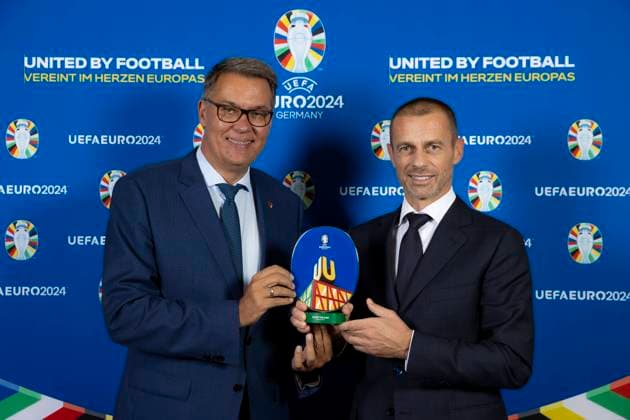 Official UEFA EURO, EM, Europameisterschaft,Fussball 2024 logo and brand launch Official UEFA EURO 2024 logo and brand launch, UEFA EURO 2024 kicks-off in Berlin Germany, the official brand and logo launch in the Olympic Stadium, Thomas Westphal (Oberbuergermeister der Stadt Dortmund), Aleksander Ceferin (UEFA President), Berlin, 05.10.2021, Photo: Thomas Boecker DFB Berlin Berlin Deutschland