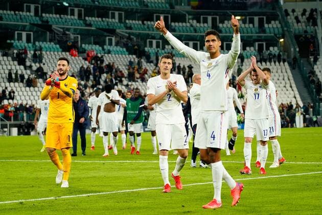 Mandatory Credit: Photo by Bagu Blanco Pressinphoto Shutterstock (12528531cw) France players celebrate at the end of the match Belgium v France, UEFA Nations League 2021, Semifinal. Football, Allianz Arena Stadium, Turin, Italy - 7 Oct 2021 Editorial use only Belgium v France, UEFA Nations League 2021, Semifinal. Football, Allianz Arena Stadium, Turin, Italy - 7 Oct 2021 Editorial use only Copyright: xBaguxBlanco Pressinphoto Shutterstockx 12528531cw