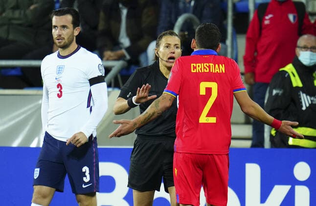 Mandatory Credit: Photo by Javier Garcia Shutterstock (12530028s) Referee Kateryna Monzul has words with Cristian Martínez of Andorra Andorra v England, FIFA World Cup, WM, Weltmeisterschaft, Fussball 2022 Qualifying, Group I, Football, Estadi Nacional, Andorra la Vella, Andorra - 09 Oct 2021 EDITORIAL USE ONLY No use with unauthorised audio, video, data, fixture lists, club league logos or live services. Online in-match use limited to 120 images, no video emulation. No use in betting, games or single club league player publications. Andorra v England, FIFA World Cup 2022 Qualifying, Group I, Football, Estadi Nacional, Andorra la Vella, Andorra - 09 Oct 2021 EDITORIAL USE ONLY No use with unauthorised audio, video, data, fixture lists, club league logos or live services. Online in-match use limited to 120 images, no video emulation. No use in betting, games or single club league player publications. Copyright: xJavierxGarcia Shutterstockx 12530028s