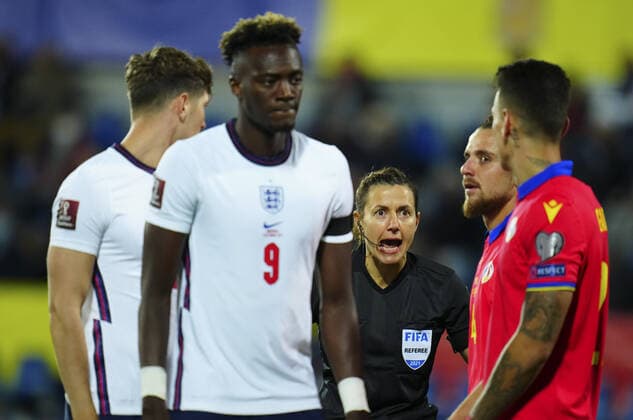 Mandatory Credit: Photo by Javier Garcia Shutterstock (12530028t) Referee Kateryna Monzul Andorra v England, FIFA World Cup, WM, Weltmeisterschaft, Fussball 2022 Qualifying, Group I, Football, Estadi Nacional, Andorra la Vella, Andorra - 09 Oct 2021 EDITORIAL USE ONLY No use with unauthorised audio, video, data, fixture lists, club league logos or live services. Online in-match use limited to 120 images, no video emulation. No use in betting, games or single club league player publications. Andorra v England, FIFA World Cup 2022 Qualifying, Group I, Football, Estadi Nacional, Andorra la Vella, Andorra - 09 Oct 2021 EDITORIAL USE ONLY No use with unauthorised audio, video, data, fixture lists, club league logos or live services. Online in-match use limited to 120 images, no video emulation. No use in betting, games or single club league player publications. Copyright: xJavierxGarcia Shutterstockx 12530028t