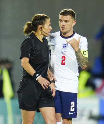 Mandatory Credit: Photo by Javier Garcia Shutterstock (12530028ad) Kieran Trippier of England has words with Referee Kateryna Monzul Andorra v England, FIFA World Cup, WM, Weltmeisterschaft, Fussball 2022 Qualifying, Group I, Football, Estadi Nacional, Andorra la Vella, Andorra - 09 Oct 2021 EDITORIAL USE ONLY No use with unauthorised audio, video, data, fixture lists, club league logos or live services. Online in-match use limited to 120 images, no video emulation. No use in betting, games or single club league player publications. Andorra v England, FIFA World Cup 2022 Qualifying, Group I, Football, Estadi Nacional, Andorra la Vella, Andorra - 09 Oct 2021 EDITORIAL USE ONLY No use with unauthorised audio, video, data, fixture lists, club league logos or live services. Online in-match use limited to 120 images, no video emulation. No use in betting, games or single club league player publications. Copyright: xJavierxGarcia Shutterstockx 12530028ad