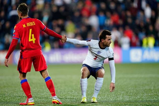 Mandatory Credit: Photo by Sergio Ruiz Pressinphoto Shutterstock (12531158ai) Ben Chilwell of England and Marc Reves of AndorraBen Chilwell of England and Marc Reves of Andorra Andorra v England, FIFA World Cup, WM, Weltmeisterschaft, Fussball 2022 Qualifier. Football, Comunal Stadium, Andorra, 9 Oct 2021 Editorial use only Andorra v England, FIFA World Cup 2022 Qualifier. Football, Comunal Stadium, Andorra, 9 Oct 2021 Editorial use only Copyright: xSergioxRuiz Pressinphoto Shutterstockx 12531158ai