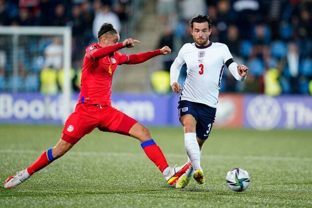 Mandatory Credit: Photo by Sergio Ruiz Pressinphoto Shutterstock (12531158ae) Ben Chilwell of England and Marc Reves of AndorraBen Chilwell of England and Marc Reves of Andorra Andorra v England, FIFA World Cup, WM, Weltmeisterschaft, Fussball 2022 Qualifier. Football, Comunal Stadium, Andorra, 9 Oct 2021 Editorial use only Andorra v England, FIFA World Cup 2022 Qualifier. Football, Comunal Stadium, Andorra, 9 Oct 2021 Editorial use only Copyright: xSergioxRuiz Pressinphoto Shutterstockx 12531158ae