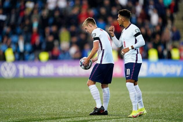 Mandatory Credit: Photo by Sergio Ruiz Pressinphoto Shutterstock (12531158ak) James Ward-Prowse and Jadon Sancho of EnglandBen Chilwell of England and Marc Reves of Andorra Andorra v England, FIFA World Cup, WM, Weltmeisterschaft, Fussball 2022 Qualifier. Football, Comunal Stadium, Andorra, 9 Oct 2021 Editorial use only Andorra v England, FIFA World Cup 2022 Qualifier. Football, Comunal Stadium, Andorra, 9 Oct 2021 Editorial use only Copyright: xSergioxRuiz Pressinphoto Shutterstockx 12531158ak
