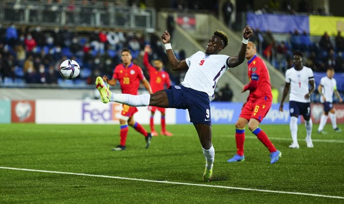 Mandatory Credit: Photo by Javier Garcia Shutterstock (12530028ag) Tammy Abraham of England scores a goal 3-0 Andorra v England, FIFA World Cup, WM, Weltmeisterschaft, Fussball 2022 Qualifying, Group I, Football, Estadi Nacional, Andorra la Vella, Andorra - 09 Oct 2021 EDITORIAL USE ONLY No use with unauthorised audio, video, data, fixture lists, club league logos or live services. Online in-match use limited to 120 images, no video emulation. No use in betting, games or single club league player publications. Andorra v England, FIFA World Cup 2022 Qualifying, Group I, Football, Estadi Nacional, Andorra la Vella, Andorra - 09 Oct 2021 EDITORIAL USE ONLY No use with unauthorised audio, video, data, fixture lists, club league logos or live services. Online in-match use limited to 120 images, no video emulation. No use in betting, games or single club league player publications. Copyright: xJavierxGarcia Shutterstockx 12530028ag