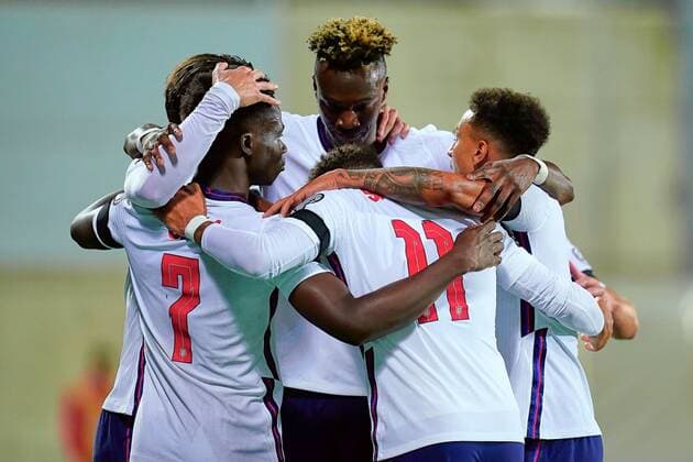 Mandatory Credit: Photo by Sergio Ruiz Pressinphoto Shutterstock (12531158bk) Buyako Saka of England celebrates whit his teammates after scoring the 0-2 Andorra v England, FIFA World Cup, WM, Weltmeisterschaft, Fussball 2022 Qualifier. Football, Comunal Stadium, Andorra, 9 Oct 2021 Editorial use only Andorra v England, FIFA World Cup 2022 Qualifier. Football, Comunal Stadium, Andorra, 9 Oct 2021 Editorial use only Copyright: xSergioxRuiz Pressinphoto Shutterstockx 12531158bk