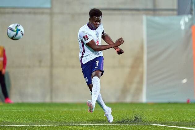 Mandatory Credit: Photo by Sergio Ruiz Pressinphoto Shutterstock (12531158bd) Buyako Saka of England scores the 0-2 Andorra v England, FIFA World Cup, WM, Weltmeisterschaft, Fussball 2022 Qualifier. Football, Comunal Stadium, Andorra, 9 Oct 2021 Editorial use only Andorra v England, FIFA World Cup 2022 Qualifier. Football, Comunal Stadium, Andorra, 9 Oct 2021 Editorial use only Copyright: xSergioxRuiz Pressinphoto Shutterstockx 12531158bd