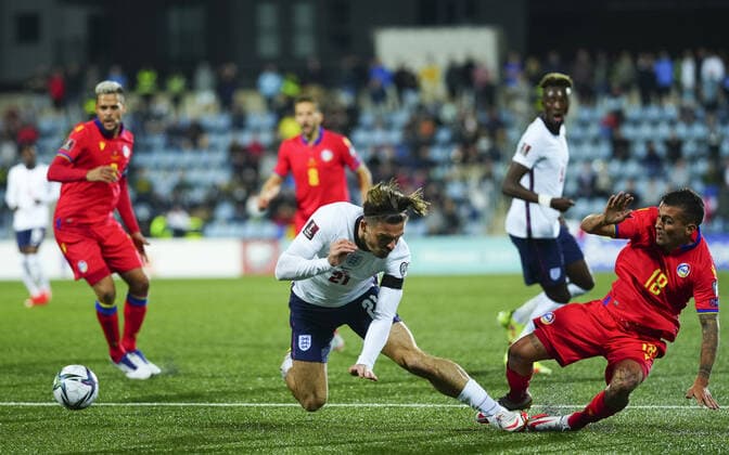 Mandatory Credit: Photo by Javier Garcia Shutterstock (12530028am) Jack Grealish of England is fouled for a penalty Andorra v England, FIFA World Cup, WM, Weltmeisterschaft, Fussball 2022 Qualifying, Group I, Football, Estadi Nacional, Andorra la Vella, Andorra - 09 Oct 2021 EDITORIAL USE ONLY No use with unauthorised audio, video, data, fixture lists, club league logos or live services. Online in-match use limited to 120 images, no video emulation. No use in betting, games or single club league player publications. Andorra v England, FIFA World Cup 2022 Qualifying, Group I, Football, Estadi Nacional, Andorra la Vella, Andorra - 09 Oct 2021 EDITORIAL USE ONLY No use with unauthorised audio, video, data, fixture lists, club league logos or live services. Online in-match use limited to 120 images, no video emulation. No use in betting, games or single club league player publications. Copyright: xJavierxGarcia Shutterstockx 12530028am