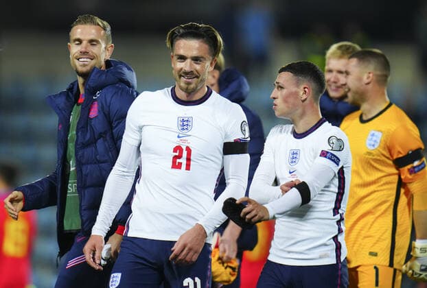 Mandatory Credit: Photo by Javier Garcia Shutterstock (12530028aq) Jack Grealish of England celebrates at full time with Phil Foden Andorra v England, FIFA World Cup, WM, Weltmeisterschaft, Fussball 2022 Qualifying, Group I, Football, Estadi Nacional, Andorra la Vella, Andorra - 09 Oct 2021 EDITORIAL USE ONLY No use with unauthorised audio, video, data, fixture lists, club league logos or live services. Online in-match use limited to 120 images, no video emulation. No use in betting, games or single club league player publications. Andorra v England, FIFA World Cup 2022 Qualifying, Group I, Football, Estadi Nacional, Andorra la Vella, Andorra - 09 Oct 2021 EDITORIAL USE ONLY No use with unauthorised audio, video, data, fixture lists, club league logos or live services. Online in-match use limited to 120 images, no video emulation. No use in betting, games or single club league player publications. Copyright: xJavierxGarcia Shutterstockx 12530028aq