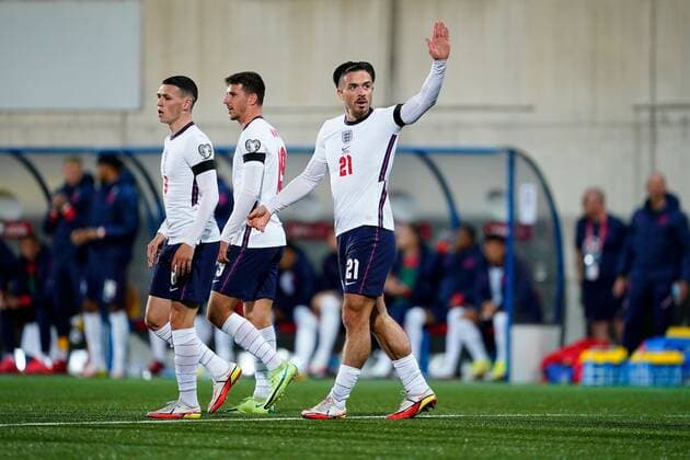 Mandatory Credit: Photo by Sergio Ruiz Pressinphoto Shutterstock (12531158cf) Jack Grealish celebrates with his teammates after scoring the 0-5 Andorra v England, FIFA World Cup, WM, Weltmeisterschaft, Fussball 2022 Qualifier. Football, Comunal Stadium, Andorra, 9 Oct 2021 Editorial use only Andorra v England, FIFA World Cup 2022 Qualifier. Football, Comunal Stadium, Andorra, 9 Oct 2021 Editorial use only Copyright: xSergioxRuiz Pressinphoto Shutterstockx 12531158cf
