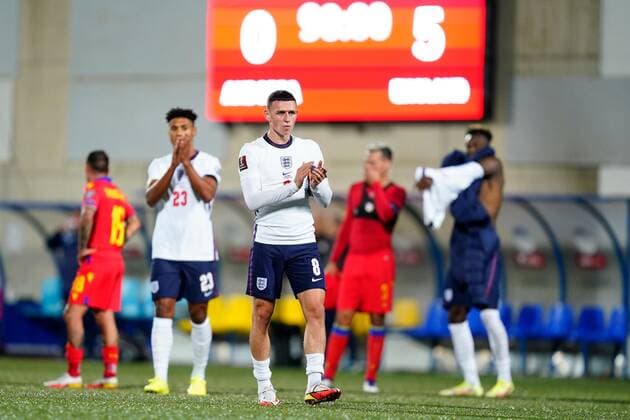 Mandatory Credit: Photo by Sergio Ruiz Pressinphoto Shutterstock (12531158ck) Phil Foden and Ollie Watkins greeting the England fans at full time Andorra v England, FIFA World Cup, WM, Weltmeisterschaft, Fussball 2022 Qualifier. Football, Comunal Stadium, Andorra, 9 Oct 2021 Editorial use only Andorra v England, FIFA World Cup 2022 Qualifier. Football, Comunal Stadium, Andorra, 9 Oct 2021 Editorial use only Copyright: xSergioxRuiz Pressinphoto Shutterstockx 12531158ck