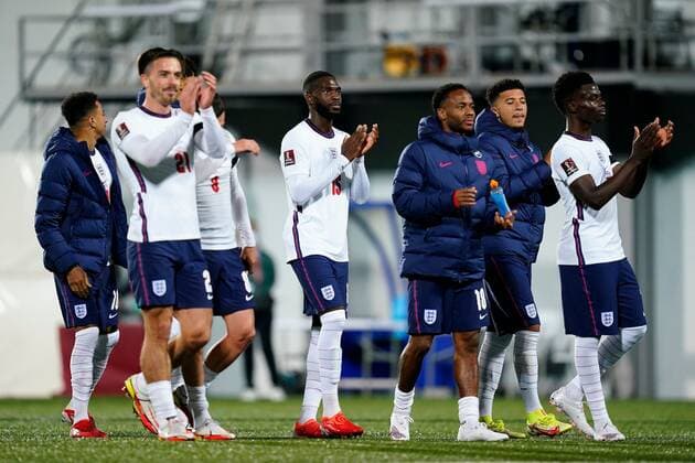 Mandatory Credit: Photo by Sergio Ruiz Pressinphoto Shutterstock (12531158cn) England players at full time Andorra v England, FIFA World Cup, WM, Weltmeisterschaft, Fussball 2022 Qualifier. Football, Comunal Stadium, Andorra, 9 Oct 2021 Editorial use only Andorra v England, FIFA World Cup 2022 Qualifier. Football, Comunal Stadium, Andorra, 9 Oct 2021 Editorial use only Copyright: xSergioxRuiz Pressinphoto Shutterstockx 12531158cn