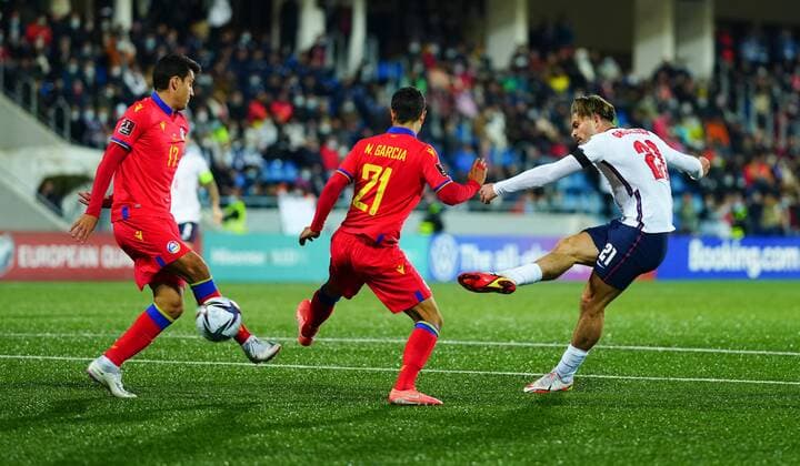 Mandatory Credit: Photo by Javier Garcia Shutterstock (12530028bj) Jack Grealish of England scores a goal to make it 5-0 Andorra v England, FIFA World Cup, WM, Weltmeisterschaft, Fussball 2022 Qualifying, Group I, Football, Estadi Nacional, Andorra la Vella, Andorra - 09 Oct 2021 EDITORIAL USE ONLY No use with unauthorised audio, video, data, fixture lists, club league logos or live services. Online in-match use limited to 120 images, no video emulation. No use in betting, games or single club league player publications. Andorra v England, FIFA World Cup 2022 Qualifying, Group I, Football, Estadi Nacional, Andorra la Vella, Andorra - 09 Oct 2021 EDITORIAL USE ONLY No use with unauthorised audio, video, data, fixture lists, club league logos or live services. Online in-match use limited to 120 images, no video emulation. No use in betting, games or single club league player publications. Copyright: xJavierxGarcia Shutterstockx 12530028bj