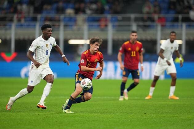 Mandatory Credit: Photo by Bagu Blanco Pressinphoto Shutterstock (12532184aw) Pablo Martin Paez Gavira Gavi and Aurelien Tchouameni of France Spain V France, UEFA Nations League 2021, Final. Football, San Siro Stadium, Milan, Italy - 10 Oct 2021 Editorial use only Spain V France, UEFA Nations League 2021, Final. Football, San Siro Stadium, Milan, Italy - 10 Oct 2021 Editorial use only Copyright: xBaguxBlanco Pressinphoto Shutterstockx 12532184aw