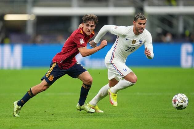 Mandatory Credit: Photo by Bagu Blanco Pressinphoto Shutterstock (12532184au) Pablo Martin Paez Gavira Gavi and Theo Hernandez of France Spain V France, UEFA Nations League 2021, Final. Football, San Siro Stadium, Milan, Italy - 10 Oct 2021 Editorial use only Spain V France, UEFA Nations League 2021, Final. Football, San Siro Stadium, Milan, Italy - 10 Oct 2021 Editorial use only Copyright: xBaguxBlanco Pressinphoto Shutterstockx 12532184au