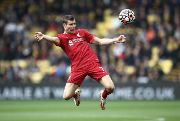 Mandatory Credit: Photo by Michael Zemanek Shutterstock (12538820u) James Milner of Liverpool in action Watford v Liverpool, Premier League, Football, Vicarage Road, Watford, UK - 16 Oct 2021 EDITORIAL USE ONLY No use with unauthorised audio, video, data, fixture lists, club league logos or live services. Online in-match use limited to 120 images, no video emulation. No use in betting, games or single club league player publications. Watford v Liverpool, Premier League, Football, Vicarage Road, Watford, UK - 16 Oct 2021 EDITORIAL USE ONLY No use with unauthorised audio, video, data, fixture lists, club league logos or live services. Online in-match use limited to 120 images, no video emulation. No use in betting, games or single club league player publications. Copyright: xMichaelxZemanek Shutterstockx 12538820u