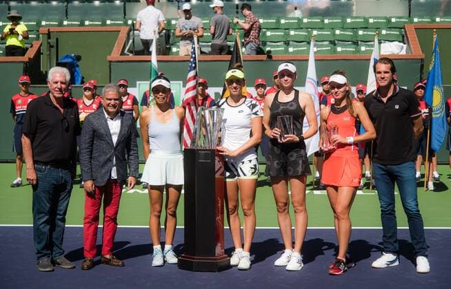 Mandatory Credit: Photo by Rob Prange Shutterstock (12524640t) Su-Wei Hsieh of Chinese Taipeh, Elise Mertens of Belgium and Elena Rybakina of Kazaksthan & Veronika Kudermetova of Russia with their trophies after the doubles final of the 2021 BNP Paribas Open WTA, Tennis Damen 1000 tennis tournament BNP Paribas Open, Tennis, Day 11, Indian Wells Tennis Garden, California, USA - 16 Oct 2021 BNP Paribas Open, Tennis, Day 11, Indian Wells Tennis Garden, California, USA - 16 Oct 2021 Copyright: xRobxPrange Shutterstockx 12524640t