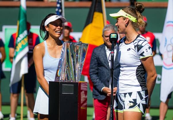Mandatory Credit: Photo by Rob Prange Shutterstock (12524640v) Su-Wei Hsieh of Chinese Taipeh, Elise Mertens of Belgium after winning the doubles final of the 2021 BNP Paribas Open WTA, Tennis Damen 1000 tennis tournament BNP Paribas Open, Tennis, Day 11, Indian Wells Tennis Garden, California, USA - 16 Oct 2021 BNP Paribas Open, Tennis, Day 11, Indian Wells Tennis Garden, California, USA - 16 Oct 2021 Copyright: xRobxPrange Shutterstockx 12524640v