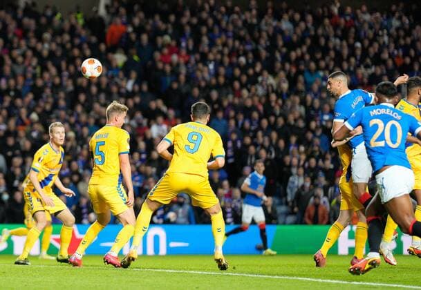 Mandatory Credit: Photo by Stuart Wallace Shutterstock (12547363n) Leon Balogun of Rangers scores with a header to give Rangers a 1-0 lead. Rangers v Brondby, UEFA Europa League, Group A, Football, Ibrox Stadium, Glasgow, UK - 21 Oct 2021 EDITORIAL USE ONLY No use with unauthorised audio, video, data, fixture lists, club league logos or live services. Online in-match use limited to 120 images, no video emulation. No use in betting, games or single club league player publications. Rangers v Brondby, UEFA Europa League, Group A, Football, Ibrox Stadium, Glasgow, UK - 21 Oct 2021 EDITORIAL USE ONLY No use with unauthorised audio, video, data, fixture lists, club league logos or live services. Online in-match use limited to 120 images, no video emulation. No use in betting, games or single club league player publications. Copyright: xStuartxWallace Shutterstockx 12547363n
