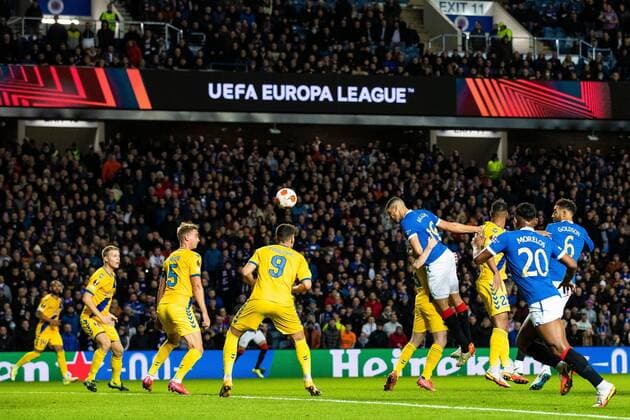 Mandatory Credit: Photo by Kirk O Rourke Rangers FC Shutterstock (12547535bi) Leon Balogun of Rangers scores during the Europa League match at Ibrox Stadium, Glasgow. Rangers v Brondby, UEFA Europa League, Group A, Football, Ibrox Stadium, Glasgow, UK - 21 Oct 2021 EDITORIAL USE ONLY No use with unauthorised audio, video, data, fixture lists, club league logos or live services. Online in-match use limited to 120 images, no video emulation. No use in betting, games or single club league player publications. Rangers v Brondby, UEFA Europa League, Group A, Football, Ibrox Stadium, Glasgow, UK - 21 Oct 2021 EDITORIAL USE ONLY No use with unauthorised audio, video, data, fixture lists, club league logos or live services. Online in-match use limited to 120 images, no video emulation. No use in betting, games or single club league player publications. Copyright: xKirkxO Rourke RangersxFC Shutterstockx 12547535bi