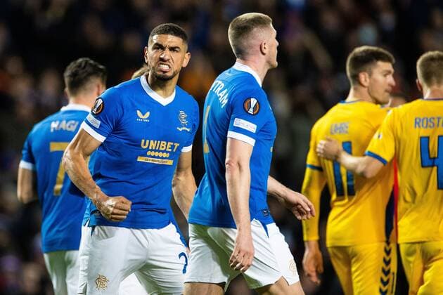 Mandatory Credit: Photo by Kirk O Rourke Rangers FC Shutterstock (12547535eh) Leon Balogun of Rangers celebrates his goal during the Europa League match at Ibrox Stadium, Glasgow. Rangers v Brondby, UEFA Europa League, Group A, Football, Ibrox Stadium, Glasgow, UK - 21 Oct 2021 EDITORIAL USE ONLY No use with unauthorised audio, video, data, fixture lists, club league logos or live services. Online in-match use limited to 120 images, no video emulation. No use in betting, games or single club league player publications. Rangers v Brondby, UEFA Europa League, Group A, Football, Ibrox Stadium, Glasgow, UK - 21 Oct 2021 EDITORIAL USE ONLY No use with unauthorised audio, video, data, fixture lists, club league logos or live services. Online in-match use limited to 120 images, no video emulation. No use in betting, games or single club league player publications. Copyright: xKirkxO Rourke RangersxFC Shutterstockx 12547535eh