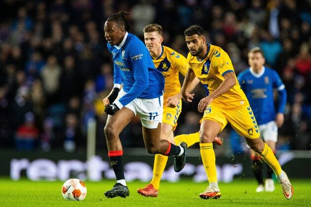Mandatory Credit: Photo by Kirk O Rourke Rangers FC Shutterstock (12547535du) Joe Aribo of Rangers on the ball during the Europa League match at Ibrox Stadium, Glasgow. Rangers v Brondby, UEFA Europa League, Group A, Football, Ibrox Stadium, Glasgow, UK - 21 Oct 2021 EDITORIAL USE ONLY No use with unauthorised audio, video, data, fixture lists, club league logos or live services. Online in-match use limited to 120 images, no video emulation. No use in betting, games or single club league player publications. Rangers v Brondby, UEFA Europa League, Group A, Football, Ibrox Stadium, Glasgow, UK - 21 Oct 2021 EDITORIAL USE ONLY No use with unauthorised audio, video, data, fixture lists, club league logos or live services. Online in-match use limited to 120 images, no video emulation. No use in betting, games or single club league player publications. Copyright: xKirkxO Rourke RangersxFC Shutterstockx 12547535du