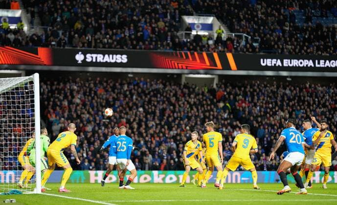 Mandatory Credit: Photo by Stuart Wallace Shutterstock (12547363o) Leon Balogun of Rangers scores with a header to give Rangers a 1-0 lead. Rangers v Brondby, UEFA Europa League, Group A, Football, Ibrox Stadium, Glasgow, UK - 21 Oct 2021 EDITORIAL USE ONLY No use with unauthorised audio, video, data, fixture lists, club league logos or live services. Online in-match use limited to 120 images, no video emulation. No use in betting, games or single club league player publications. Rangers v Brondby, UEFA Europa League, Group A, Football, Ibrox Stadium, Glasgow, UK - 21 Oct 2021 EDITORIAL USE ONLY No use with unauthorised audio, video, data, fixture lists, club league logos or live services. Online in-match use limited to 120 images, no video emulation. No use in betting, games or single club league player publications. Copyright: xStuartxWallace Shutterstockx 12547363o