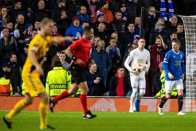Mandatory Credit: Photo by Kirk O Rourke Rangers FC Shutterstock (12547535en) Rangers goalkeeper Allan McGregor during the Europa League match at Ibrox Stadium, Glasgow. Rangers v Brondby, UEFA Europa League, Group A, Football, Ibrox Stadium, Glasgow, UK - 21 Oct 2021 EDITORIAL USE ONLY No use with unauthorised audio, video, data, fixture lists, club league logos or live services. Online in-match use limited to 120 images, no video emulation. No use in betting, games or single club league player publications. Rangers v Brondby, UEFA Europa League, Group A, Football, Ibrox Stadium, Glasgow, UK - 21 Oct 2021 EDITORIAL USE ONLY No use with unauthorised audio, video, data, fixture lists, club league logos or live services. Online in-match use limited to 120 images, no video emulation. No use in betting, games or single club league player publications. Copyright: xKirkxO Rourke RangersxFC Shutterstockx 12547535en